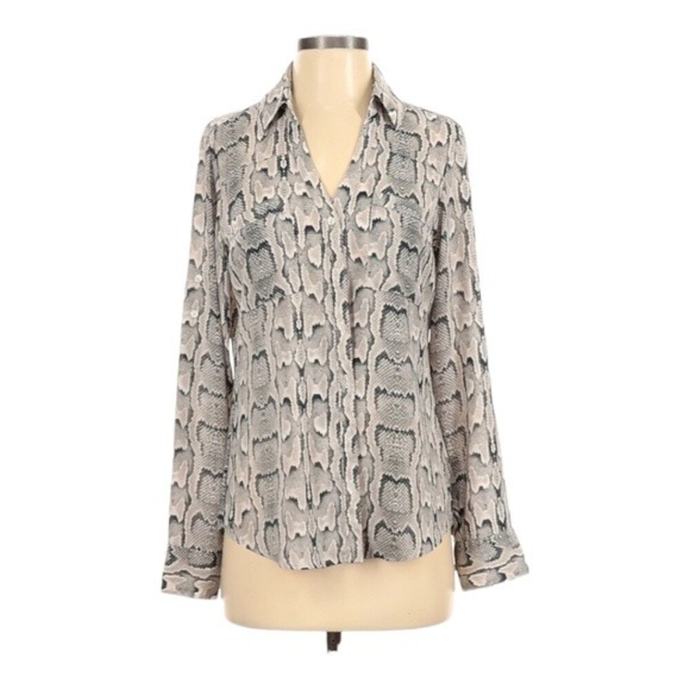 Express Animal Snake Print Size‎ S Long Sleeve Blouse Button Front Beige Gray
